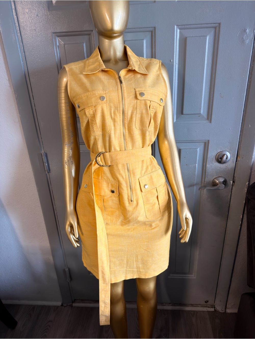 Sharagano Yellow Sleeveless Zip-Front Belted Shirt Dress